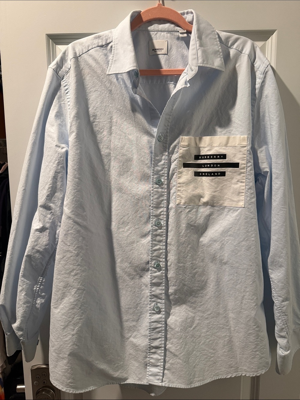 Burberry Pale Blue Cotton Button-Down Shirt with White Patch Pocket